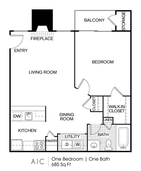 Floor plan for 1 bed, 1 bath, 685 sqft
